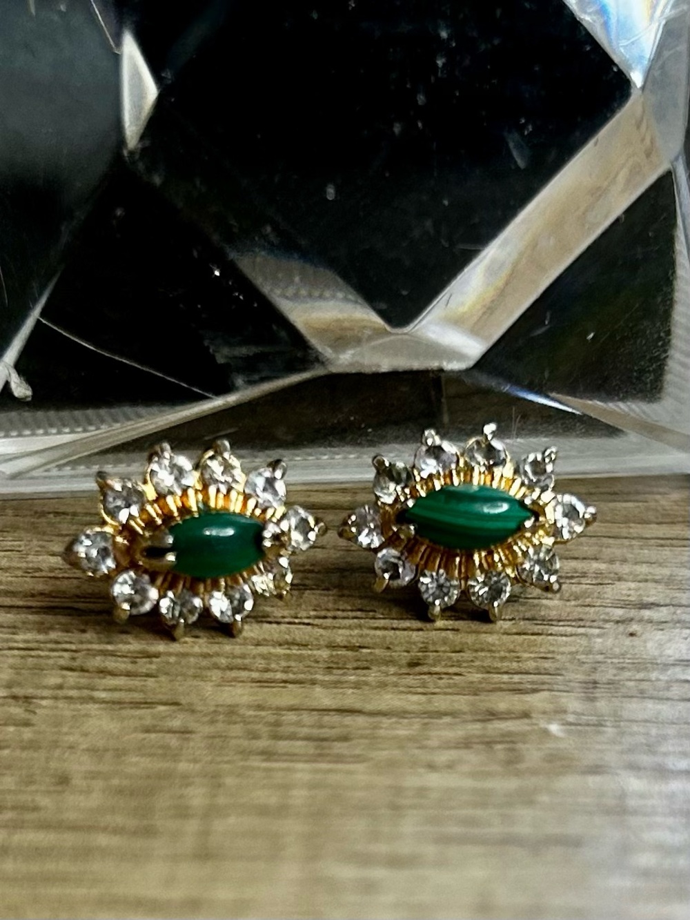Malachite GemStone and Crystal gemstone Stud Earrings - Gold Tone Vintage